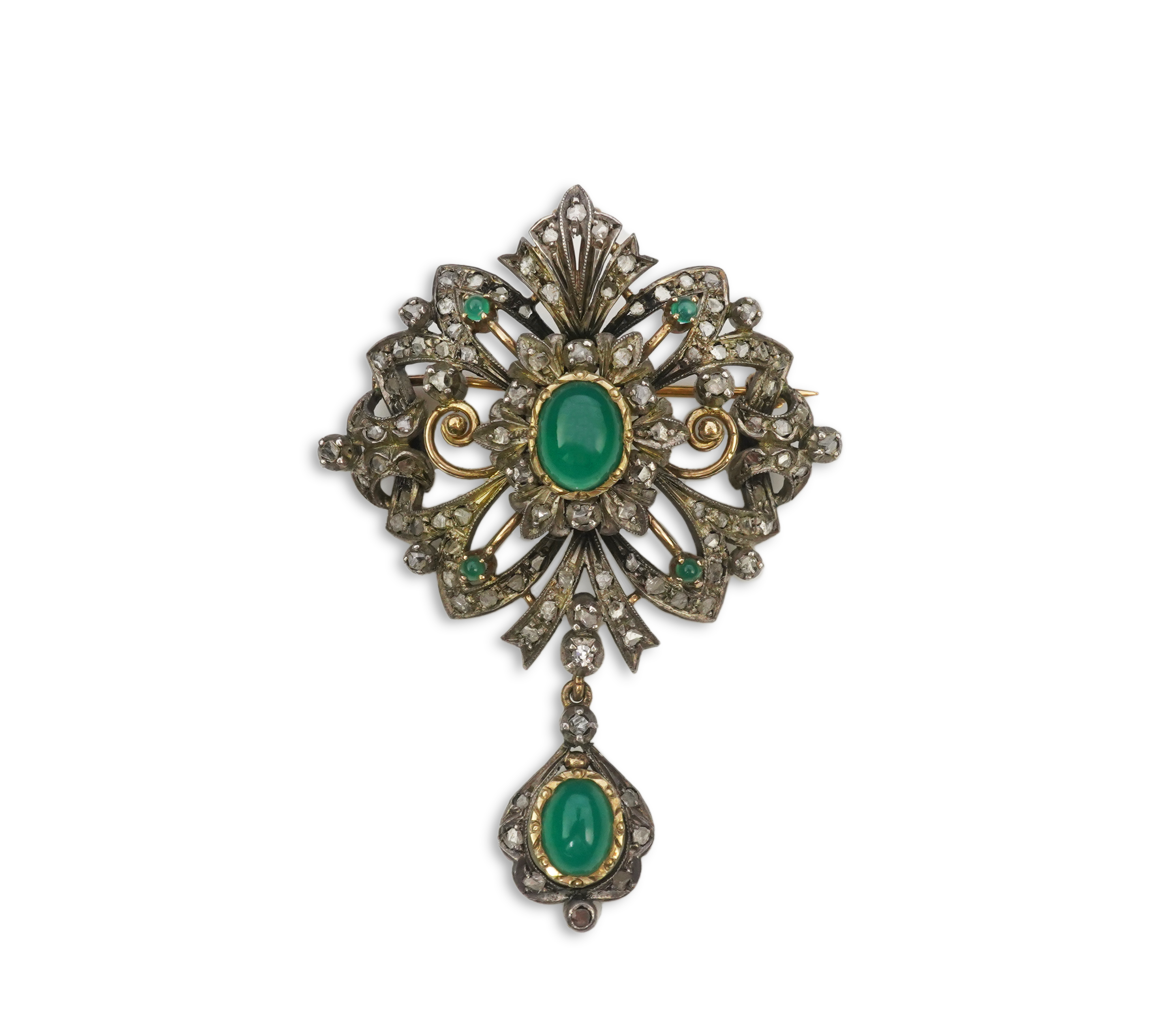 A green chalcedony and diamond brooch, mid 20th century